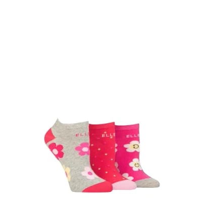 Image of Elle Ladies No Show Socks Soft Cotton in Plain, Stripe and Patterned Styles Multipack of 3 Size 4 8 (UK, Numeric, 4, 8, Regular, Cherry Fizz Patterned)