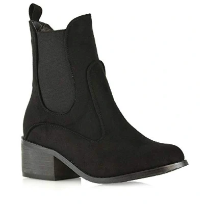 Image of ESSEX GLAM Womens Chelsea Ankle Boots Pull On Low Mid Block Heel Cowboy Booties Ladies Round Toe Elastic Gusset Western Size 3 8 Black Faux Suede