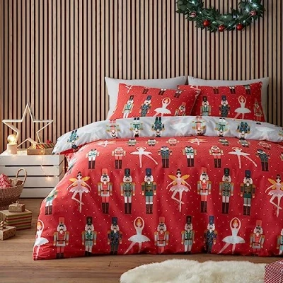 Image of Fusion Nutcracker &amp; Ballerina Duvet Cover Double Bedding Size (200 x 200cm) Reversible Colours 2x Pillowcases Solider Ballet Dancer Christmas in Red/Grey