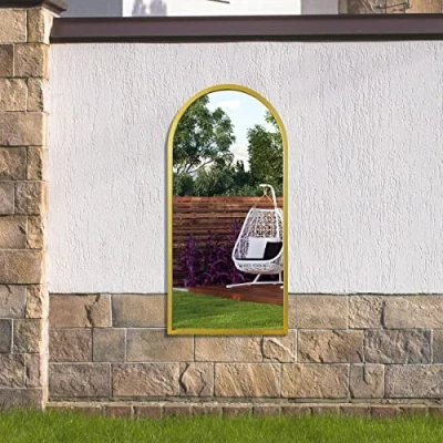 Image of MirrorOutlet The Arcus Gold Metal Framed Modern Arched Garden Wall Mirror 47&quot; X 23.5&quot; (120CM 60CM) Black. 2cm Wide Frame and 3cm Deep.