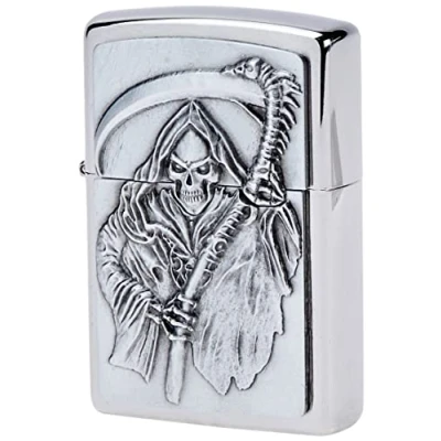 Image of Zippo Windproof Lighter Grim Reaper Brushed Chrome Refillable for a Lifetime Use Adjustable Flame Gift Box Metal Construction Made in USA