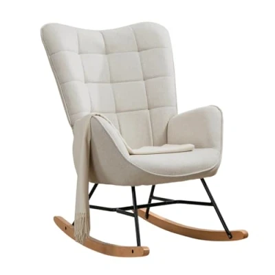 Image of MEUBLE COSY Rocking Chair for Nursery Relaxing Nursing Armchair with High Backrest Adults Mum Feeding Reading Glider Fabric Metal Legs Wood Base, Living Rooms, Bedrooms, Balcony, Beige