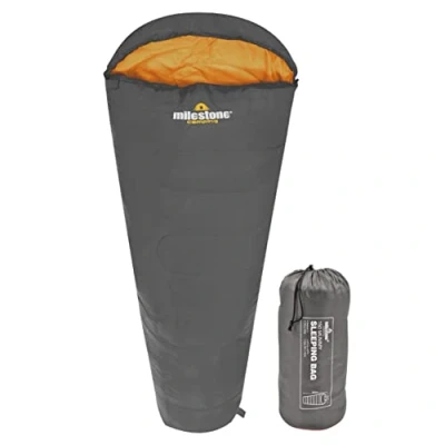 Image of Milestone Camping 27000 Grey &amp; Orange Single Mummy Sleeping Bag/Comfortable and Portable/Carry Sack/Water Resistant / 2 Season