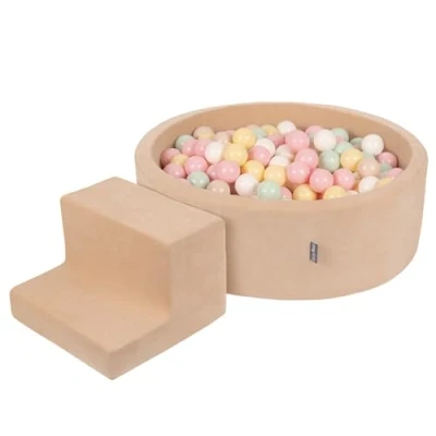 Image of KiddyMoon Foam Playground Velvet For Kids With Round Ballpit (200 Balls ∅ 7Cm/2.75In) Soft Obstacles Course And Ball Pool, Sand Beige: Pastel Beige/Pastel Yellow/White/Mint/Powder Pink