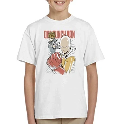 Image of One Punch Man Saitama and Genos Heroes Colour Kid&#039;s T Shirt White