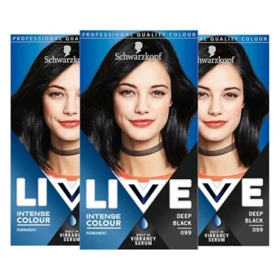 Image of Schwarzkopf LIVE Intense Colour Deep Black Permanent Hair Dye 099, Long Lasting In an Shade with Built Vibrancy Serum, Jet for up to 100% Grey Coverage