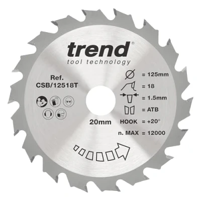 Image of Trend Wood Cordless Circular Saw Blade, 125mm Diameter, 20mm Bore, 18 Teeth, 1.5mm Kerf, +20 Hook, TCT, Coarse Finish, CSB/12518T
