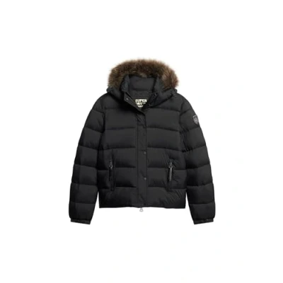 Image of Superdry Women&#039;s Faux Fur Short Hood Puffer Jacket, Jet Black, UK 16