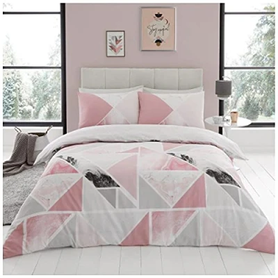 Image of GC GAVENO CAVAILIA Geometric Duvet Cover Set, Luxury Soft &amp; Cosy Printed Reversible Marble Quilt Bedding Sets, Double, Pink