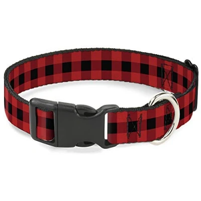 Image of Buckle Down Plastic Clip Collar Buffalo Plaid Black/Red 1.5&quot; Wide Fits 18 32&quot; Neck Large
