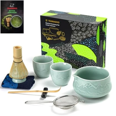 Image of TEANAGOO Matcha Set Whisk Bowl with Pouring Spout Scoop Holder Tea Making Kit. Japanese (7pcs) + 2Cups(5.6oz),S36,Celadon Blue,Color Box Packing…