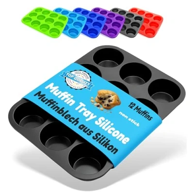 Image of Belmalia Muffin Tray Silicone, 12 Holes, 33 x 25 3 cm, Non Stick Coating, Cupcake Muffins Tin Black