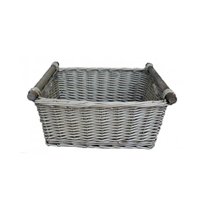 Image of Red Hamper Medium Grey Wash Wooden Handled Wicker Storage Basket, Large