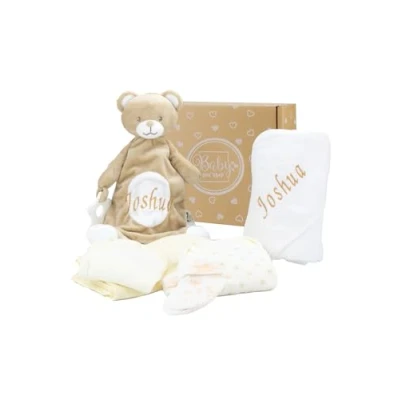 Image of Baby Box Shop Personalised Gifts Hooded Towel &amp; Bear Comforter with 4 Newborn Essentials, Ideal as Christening Unisex