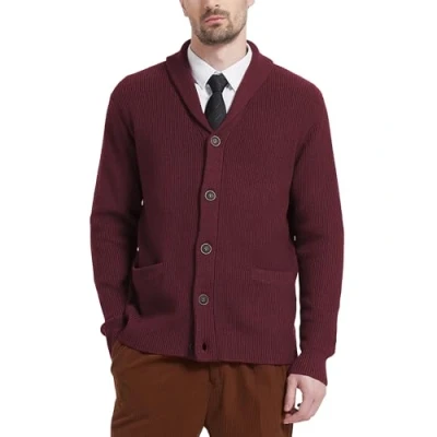 Image of Kallspin Men&#039;s Wool Blended Shawl Collar Button Cardigan Sweater with Pockets (Burgundy, XL)