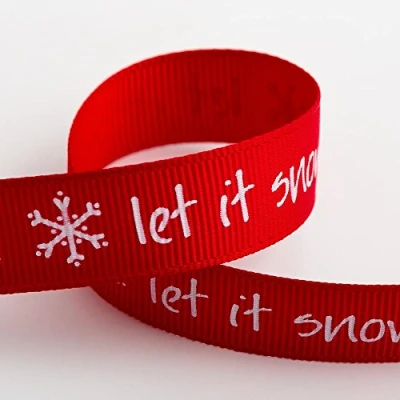 Image of Christmas Grosgrain Ribbon Red Let It Snow + Snowflakes 16mm x 5m