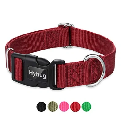 Image of Hyhug Design Classic Basic Nylon Dog Collar, Can Install Tag (Medium, Dark Red)