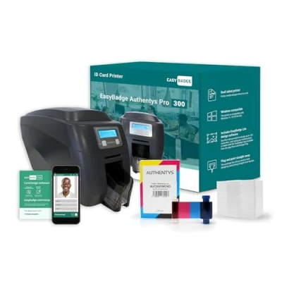 Image of EasyBadge Authentys Pro 300 Dual Sided ID Badge Printer with Ribbon, 200 Cards, and Card Design Software