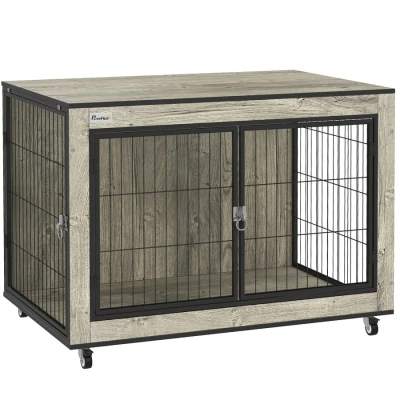Image of PawHut Dog Crate Furniture on Wheels, Cage End Side Table with Lockable Double Doors, for Medium Dogs, 80 x 56 62.5cm, Grey
