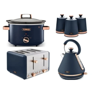 Image of Tower Cavaletto Midnight Blue &amp; Rose Gold 3KW 1.7L Pyramid Kettle, 4 Slice 1800W Toaster, 3.5L Slow Cooker Set of 3 Canisters. Contemporary Kitchen 6 Items