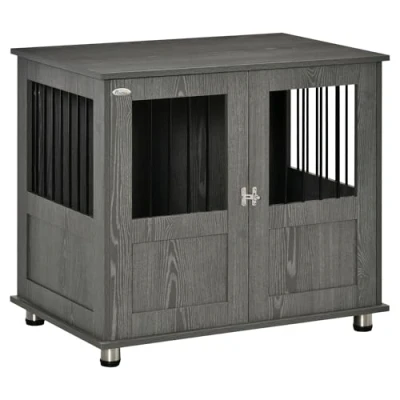 Image of PawHut Dog Crate Furniture End Table, Pet Kennel for Small and Medium Dogs with Magnetic Door Indoor Animal Cage, Grey, 85 x 55 75 cm