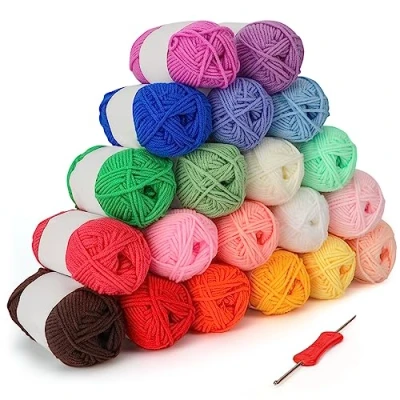 Image of Kurtzy 20 Pack of Colourful Crochet Yarn Balls 3mm Hook Included Each Thread Ball Weighs 25g/0.88oz Total 1000m/1094 Yards Coloured Soft Cotton