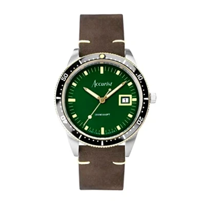 Image of Accurist Dive 42mm Quartz Watch in Green with Analogue Display, and Brown Leather Strap 72000