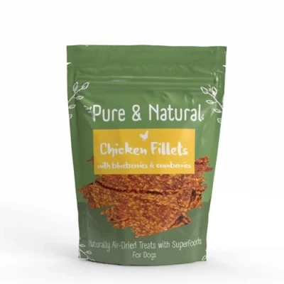 Image of Pure &amp; Natural Superfoods Air Dried Chicken Fillets Treats with Blueberries Cranberries Dog Healthy and Pet Snacks 100g