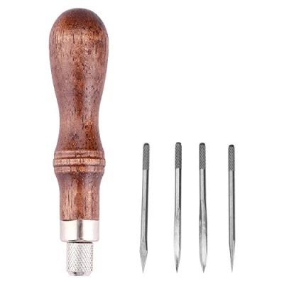 Image of 4 in 1 Leather Awl Sewing Punch Wooden Handle Craft Hole Tool for Hand