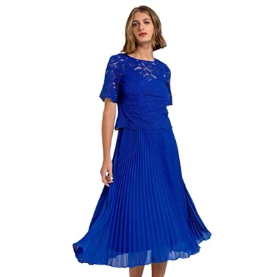 Image of Roman Originals Lace Pleated Dress for Women UK Ladies Swing Midi A line Ball Cotton Special Occasion Party Formal Wedding Guest Mother of The Bride Groom Fit &amp; Flare Gowns Royal Blue Size 10