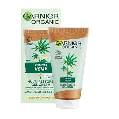Image of Garnier Organic Hemp Multi Restore Gel Cream 50 ml, Soothing &amp; Hydrating Moisturiser for Stressed Sensitive Skin, Enriched with Vitamin E Seed Oil