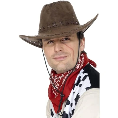 Image of Smiffys Suede Look Cowboy Hat, Brown , Cowboys and Indians Fancy Dress, Dress Up Hats