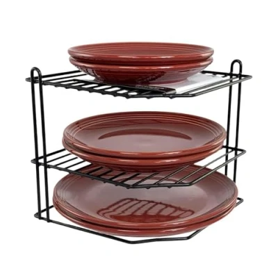 Image of Buckingham 3 Tier Corner Plate Kitchen Cupboard Organiser Tidy Storage Rack, Black, 23 cm, 30139