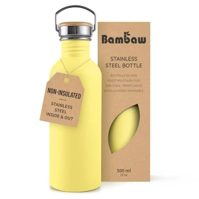 Image of Bambaw Stainless Steel Water Bottle 500ml, Yellow Bottle, Non Insulated Metal BPA Free Leak Proof Reusable Beam