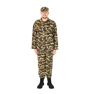Image of I LOVE FANCY DRESS MENS ARMY COSTUME. ACTION MAN SOLDIER COSTUME FOR MEN. CAMOUFLAGE SUIT IN GREEN, KHAKI, BROWN, &amp; BEIGE. JACKET + MATCHING TROUSERS CAP. SIZE: LARGE