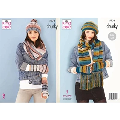 Image of King Cole Ladies Chunky Knitting Pattern Hat Scarf Wrist Warmers &amp; Snood (5936)
