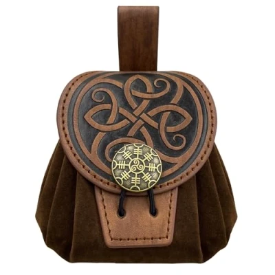 Image of HiiFeuer Medieval Embossed Faux Leather Belt Pouch, Retro Renaissance Portable Bag Coin Purse Dice for LARP Ren Faire(Brown B)
