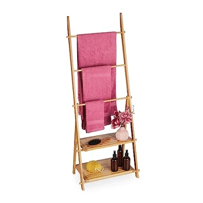 Image of Relaxdays Towel Bamboo, 3 Bars, 2 Storage Shelves, HWD: 134 x 53 31.5 cm, Free Standing, Bathroom Rack, Natural