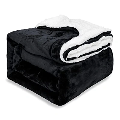 Image of EHC King Size Sherpa Flannel Fleece Throw Blanket Fluffy Soft Thick Microfiber Solid Warm Blankets for Bed and Couch, Black, 200 cm x 240