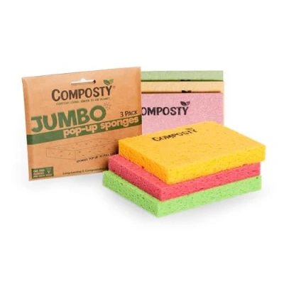 Image of Composty® JUMBO &#039;Pop Up&#039; Eco Sponges 3 Pack Compostable Kitchen Big Sponge Biodegradable Washing Up Zero Waste Plastic Free Natural Cellulose Long Lasting Colours