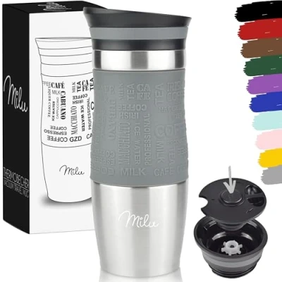 Image of Milu Thermo Mug 370ml 450ml Insulated Coffee to go 100% Leak Proof Stainless Steel Drinking Car Double Wall Insulation Travel (Grey, 370ml)