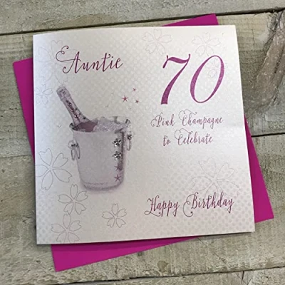 Image of white cotton cards Pink Champagne, Auntie 70 Happy Handmade 70th Birthday Card, White, WBA70P A