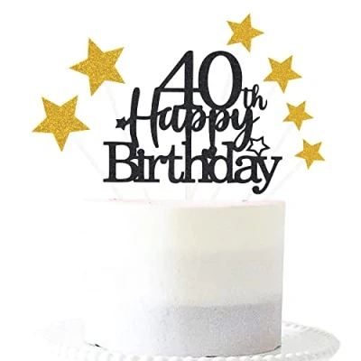 Image of Glittery 40th Happy Birthday Cake Topper with Star,40 Toppers Party Decorations Supplies for Men Women Black Gold