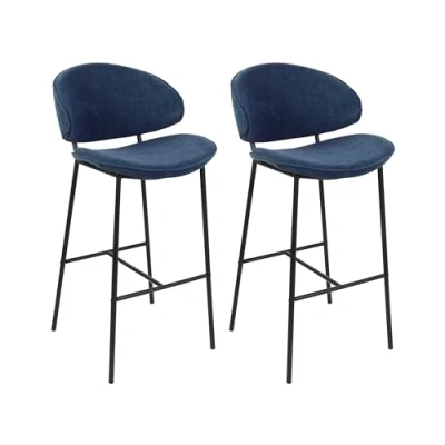Image of Set of 2 Modern Dining Bar Chairs Fabric Upholstered Seat Armless Curved Back Black Legs Navy Blue Kiana