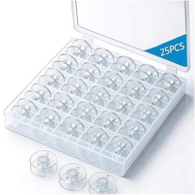 Image of 25 Clear Plastic Bobbin Spools + Bobbins Case by UMTMedia® Organiser Sewing Machine Box Storage for Brother Singer Janome Elna Toyota Bernina