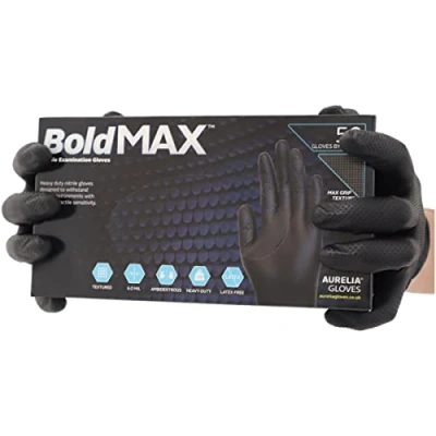 Image of R&amp;C Components Ltd Black Nitrile Gloves Heavy Duty Grip Textured Bold Max Disposable Powder Free Mechanics, Tattoo, Piercing Work (Medium)