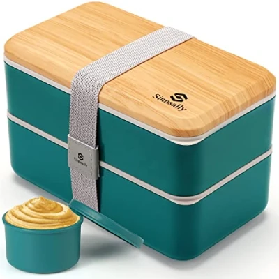 Image of Sinnsally 1400ML Bento Box Lunch Boxes, Stackable for Adults,Leak Proof Container with Compartments,Japanese Style Lunchbox Sauce Pot Cutlery Set (Nordic Green)