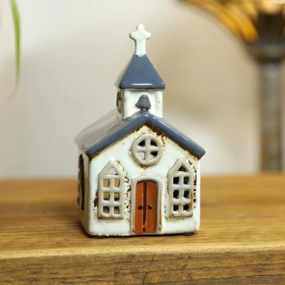 Image of Ceramic Church Tealight Holder Candle Lantern Cottage Xmas Festive Shelfsitter Ornament