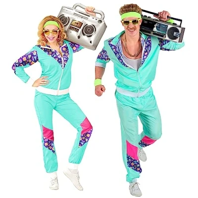 Image of WIDMANN 00180 Adults Unisex 80s Shell Suit Costume. Includes Jacket &amp; Pants. 90s, Fancy Dress, Outfit, World Book Day, Halloween, Carnival