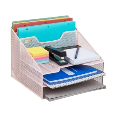 Image of Mind Reader Network Collection, 3 Tier, 5 Compartment Desktop Organizer with 2 Vertical File Holders and Horizontal Paper Trays, Organizer, Metal Mesh, 12.5&quot; L x 11.5&quot; W 9.5&quot; H, Pink